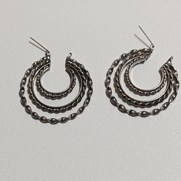 Vintage Silver-toned Textured Triple Row Detailed Hoop Earrings - Picture 2 of 3